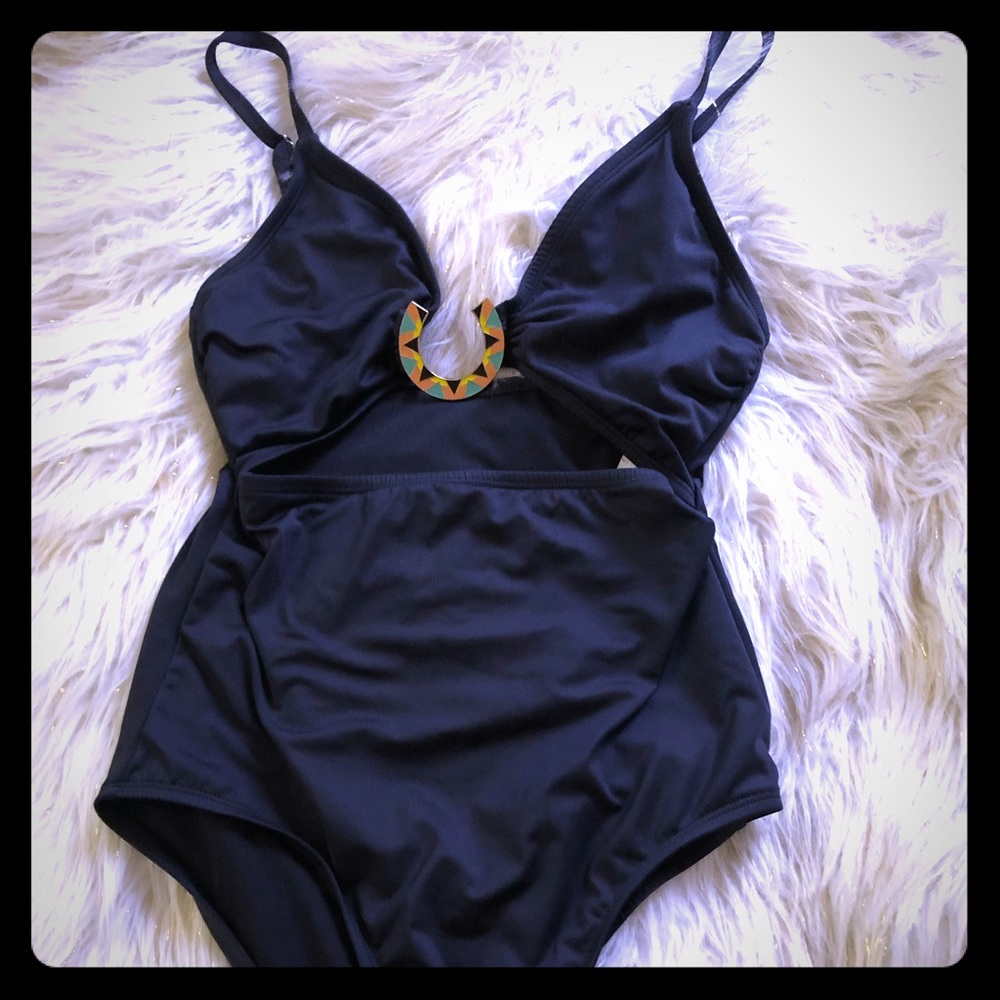 Black one piece bathing suit.